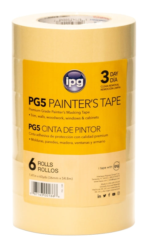 IPG PG5...129R Masking Tape, 60 yd L, 1.41 in W, Paper Backing, Beige