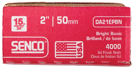 Senco DA21EPBN Series Finish Nail, Glue Collation, 2 in L, 15 ga, Steel, Bright Basic, Brad Head, Smooth Shank