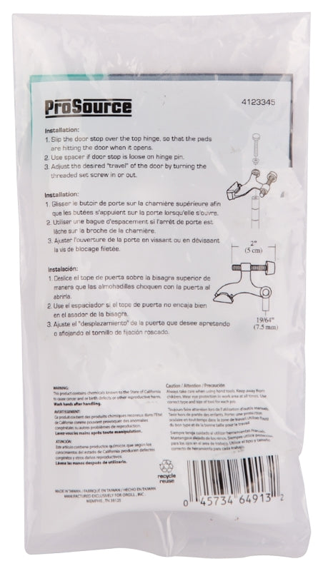 ProSource H20-B042-PS Deluxe Hinge Pin Door Stop, 2-5/8 in Projection, Die-Cast Zinc & Plastic, Chrome