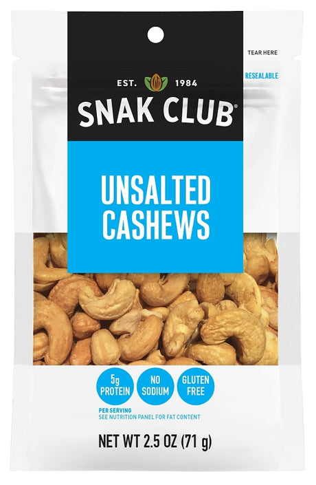 Snak Club 700542 Unsalted Cashew, 2.5 oz, Pack of 6