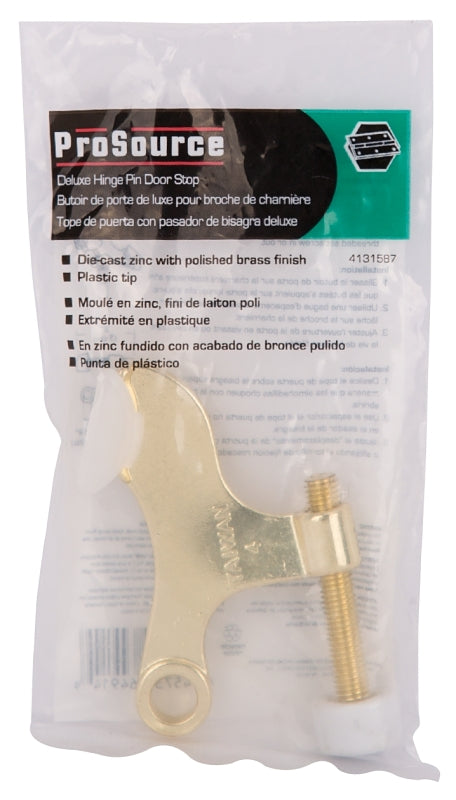 ProSource H20-B040-PS Deluxe Hinge Pin Door Stop, 2-5/8 in Projection, Die-Cast Zinc & Plastic, Polished Brass