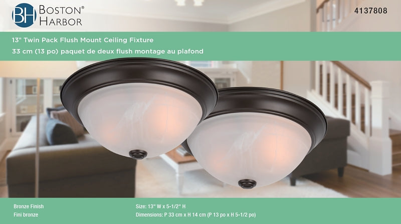 Boston Harbor F51WH02-1006-ORB Flush Mount Ceiling Fixture, 120 V, 60 W, A19 or CFL Lamp, Bronze Fixture, Pack of 2