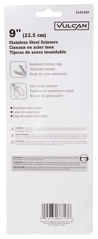 Vulcan JL-SR-09 Scissor, 8-1/2 in OAL, 4-1/2 in L Cut, Stainless Steel Blade, Comfort-Grip Handle, Blue/Gray Handle