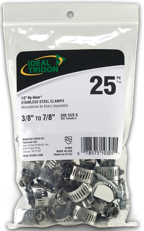 Ideal-Tridon Hy-Gear 67-6 Series 6706550 Worm Gear Hose Clamp, #6, 3/8 to 7/8 in, Stainless Steel