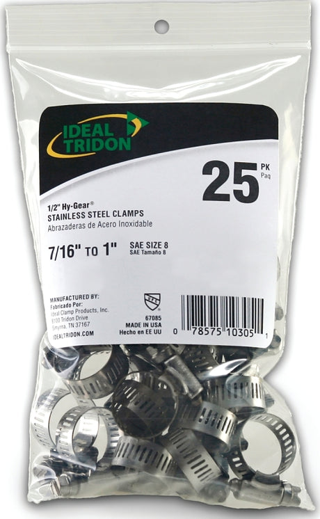 Ideal-Tridon Hy-Gear 67-6 Series 6708550 Worm Gear Hose Clamp, #8, 7/16 to 1 in, Stainless Steel