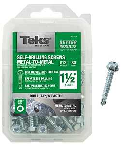 Teks 21344 Screw, #12 Thread, 1-1/2 in L, Coarse Thread, Hex Drive, Self-Drilling, Self-Tapping Point, Steel, Zinc