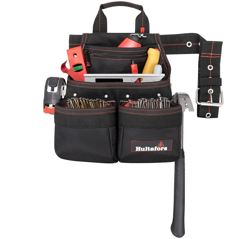 Hultafors HT5663 Framer's Nail/Tool Bag, 24 in D, 9-Pocket, Polyester, Black/Red
