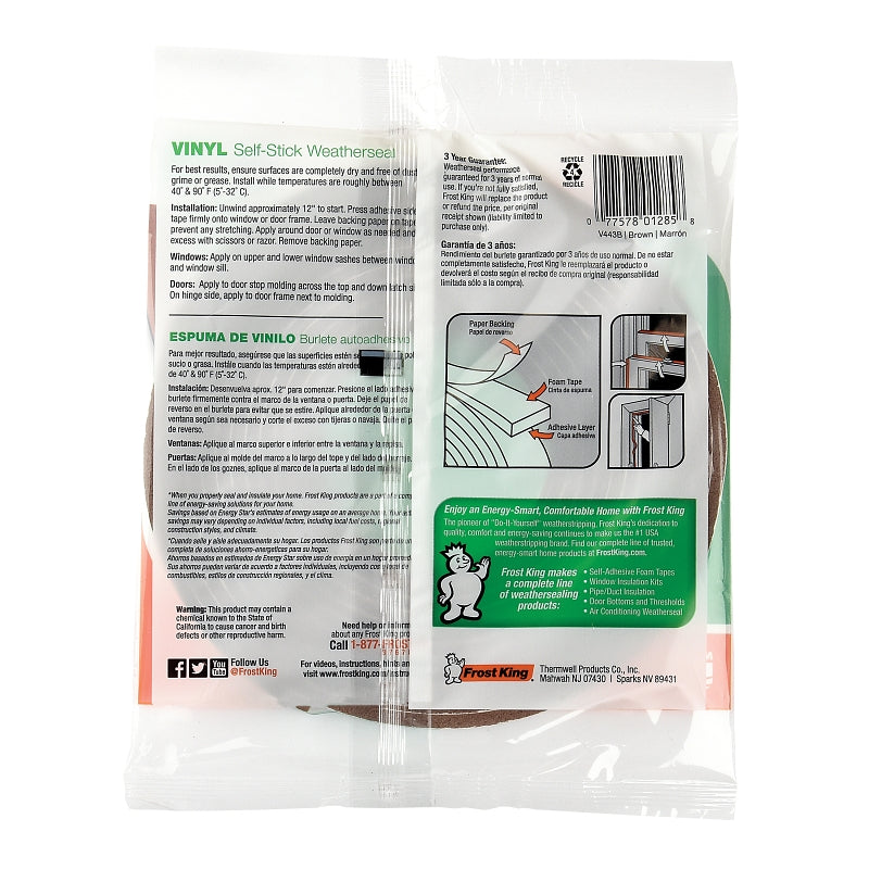 Frost King V443BH Foam Tape, 3/8 in W, 17 ft L, 3/16 in Thick, Vinyl, Brown