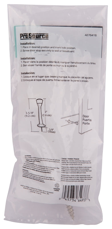 ProSource CL-208P-CH-PS Heavy-Duty Rigid Door Stop, 1 in Dia Base, 3 in Projection, Die-Cast Zinc & Plastic, Chrome