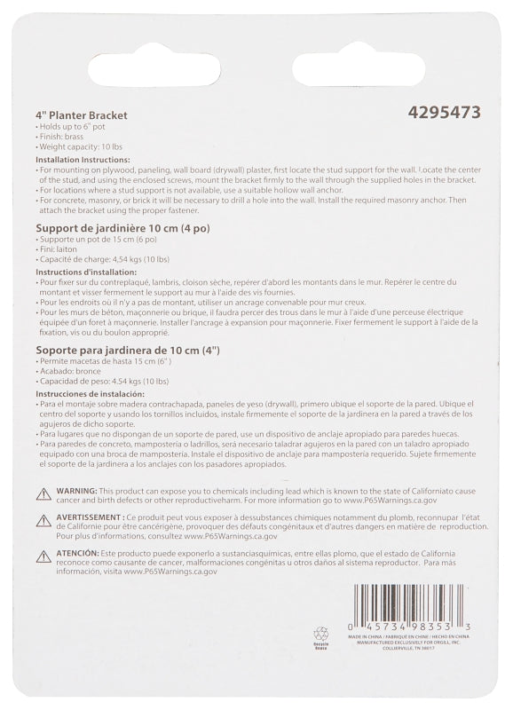 Landscapers Select GB0163L Planter Bracket, 4-1/4 L, Steel, Brass, Wall Mount Mounting