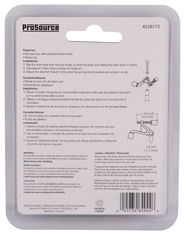 ProSource H20-B030C-PS Heavy-Duty Hinge Pin Door Stop, 2-3/4 in Projection, Die-Cast Zinc & Plastic, Polished Brass