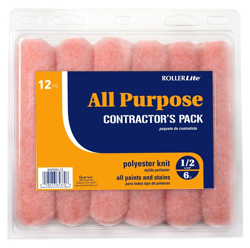 RollerLite 6AP050-12 Mini Roller Cover, Pink, 1/2 in Thick Nap, 6 in L, Polyester Cover, 12/PK