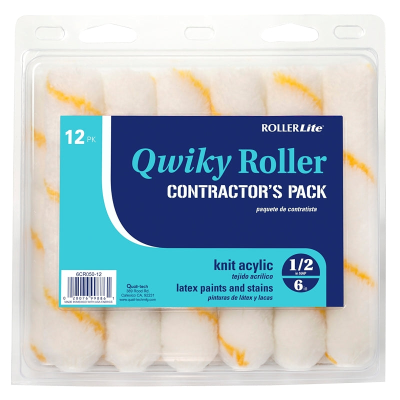 RollerLite Qwiky 6CR050Q-12 Mini Roller Cover, Gold/White, 1/2 in Thick Nap, 6 in L, Acrylic Cover, 12/PK