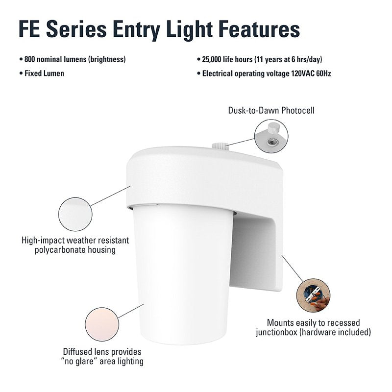 Halo FE Series FE08A40FDW Wall Sconce, 120 V, 7.9 W, LED Lamp, 977 Lumens, 4000 K Color Temp, Polycarbonate Fixture