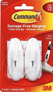 Command 17068 Wire Hook, 0.3 in Opening, 3 lb, 2-Hook, Metal/Plastic, White
