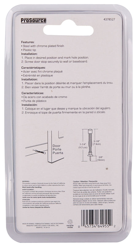 ProSource H61-Z012C-PS Light-Duty Door Stop, 3/4 in Dia Base, 3 in Projection, Plastic & Steel, Chrome