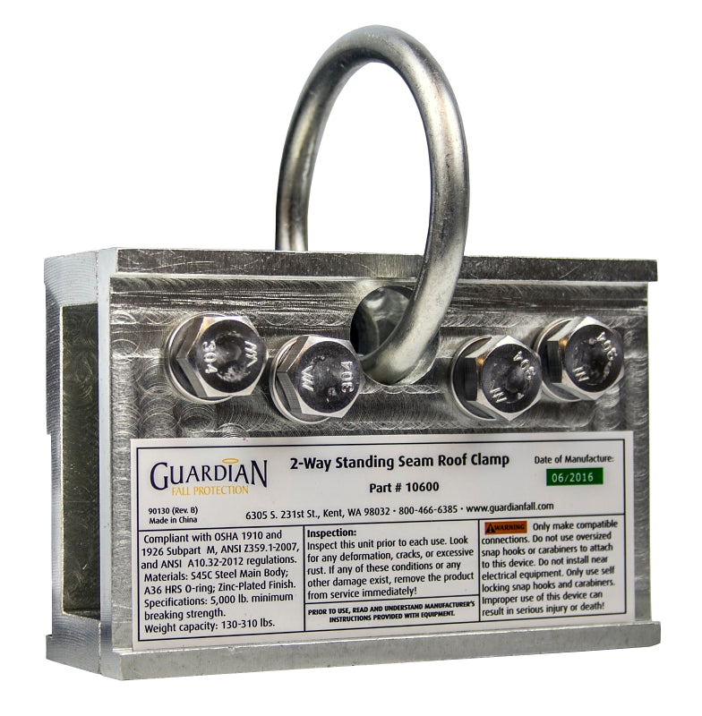 Guardian Fall Protection 10600 2-Way Universal Standing Seam Roof Clamp, Galvanized Steel