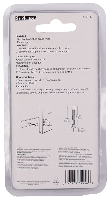 ProSource H61-Z010C-PS Light-Duty Door Stop, 3/4 in Dia Base, 3 in Projection, Plastic & Steel, Polished Brass