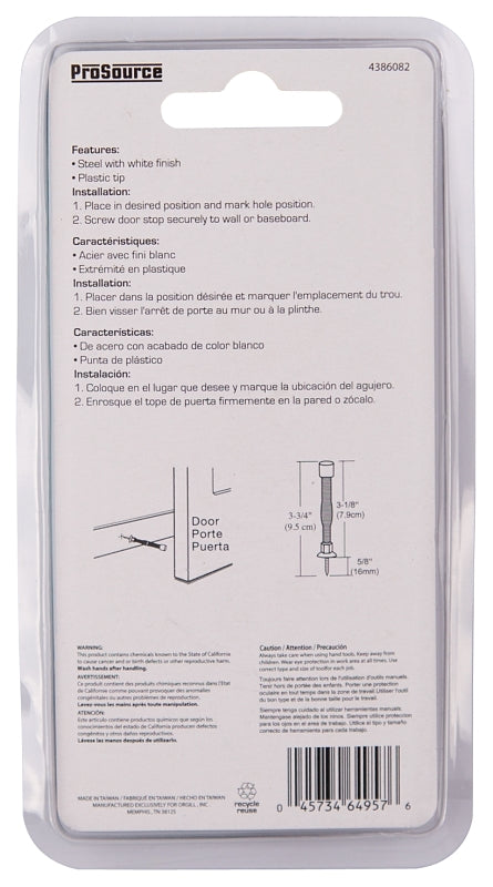 ProSource H61-Z015C-PS Light-Duty Door Stop, 3/4 in Dia Base, 3 in Projection, Plastic & Steel, White