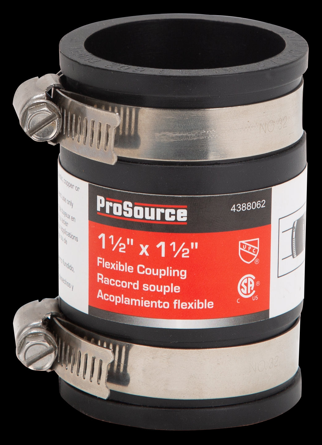 ProSource FC56-1515 Coupling, 1-1/2 x 1-1/2 in, Cast Iron, Plastic and Steel Drain Pipes, PVC, Black
