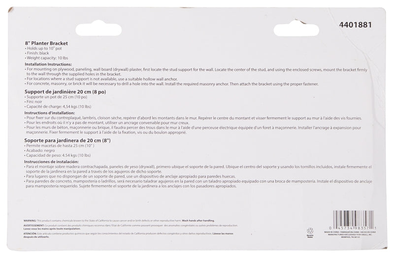 Landscapers Select GB0233L Plant Bracket, 8-1/2 L, Steel, Black, Wall Mount Mounting