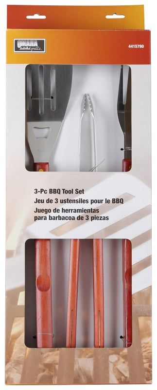 Omaha SBQ318-3-B Barbecue Tool Set with Handle and Hanger, 1.5 mm, Stainless Steel Blade, Stainless Steel, Wood Handle