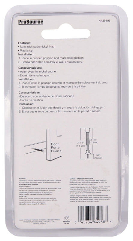 ProSource H61-Z013C-PS Light-Duty Door Stop, 3/4 in Dia Base, 3 in Projection, Plastic & Steel, Satin Nickel