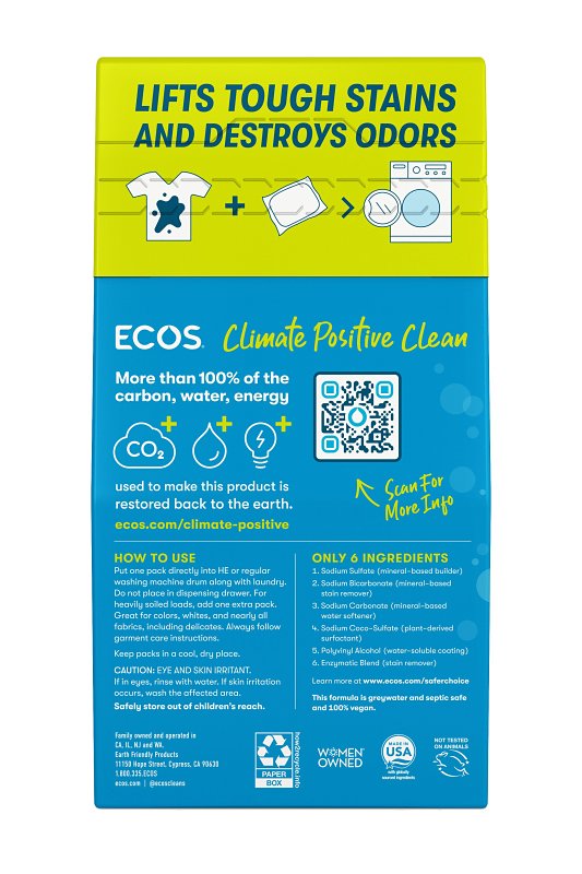 Ecos 9637/06 Laundry Detergent Pack, 40, Capsule, Free and Clear