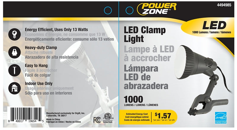 PowerZone O-CLN-1000 Clamp Light, Plug-in, LED Lamp, Gray, Pack of 4