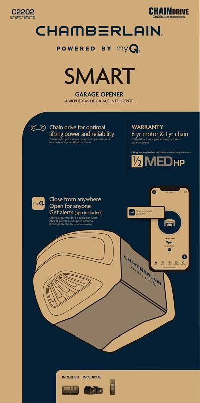 Chamberlain C2202 Garage Door Opener, Chain Drive, OS: myQ and Security+ 2.0, Blue