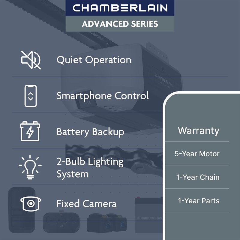 Chamberlain C4310 3/4 HP Battery Backup Smart Chain Drive Garage Door Opener with Camera & 2-Bulb Lighting
