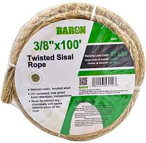 Baron 53012 Rope, 3/8 in Dia, 100 ft L, 87 lb Working Load, Sisal, Natural