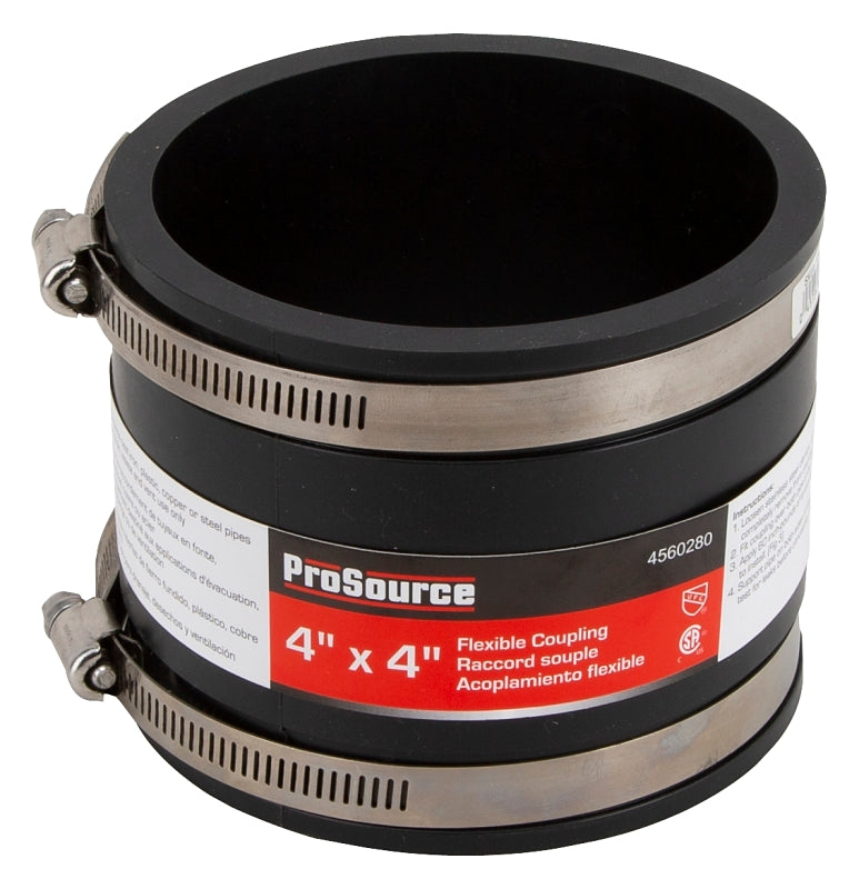 ProSource FC56-44 Coupling, 4 x 4 in, Cast Iron, Plastic and Steel Drain Pipes, PVC, Black
