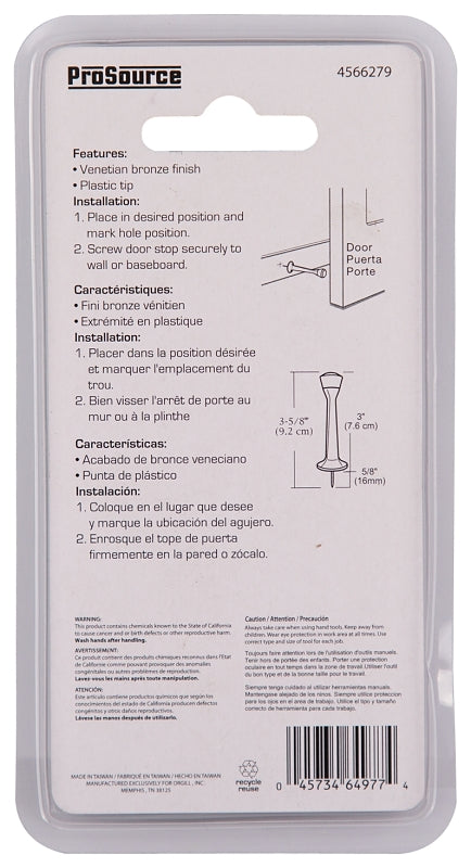 ProSource CL-208C-VB-PS Heavy-Duty Rigid Door Stop, 1 in Dia Base, 3 in Projection, Die-Cast Zinc & Plastic