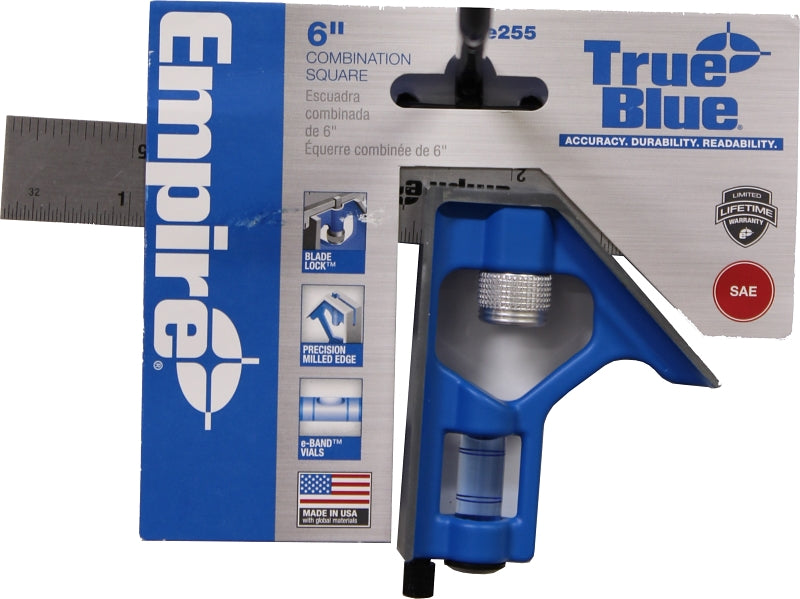 Empire True Blue Series E255 Combination Square, 6 in L Blade, SAE Graduation, Stainless Steel Blade