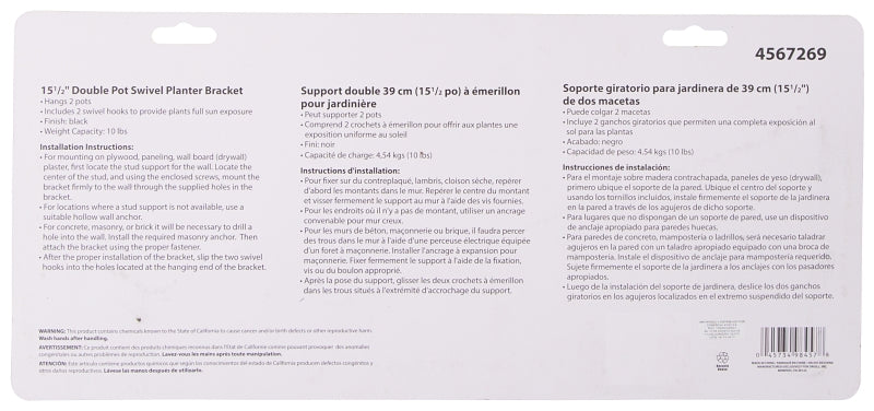 Landscapers Select GB0283L Hanging Plant Bracket, 15-1/2 L, Steel, Black, Wall Mount Mounting