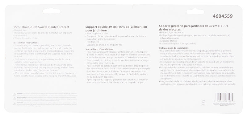 Landscapers Select GB0293L Hang Plant Bracket, 15-1/2 L, Steel, White, Wall Mount Mounting