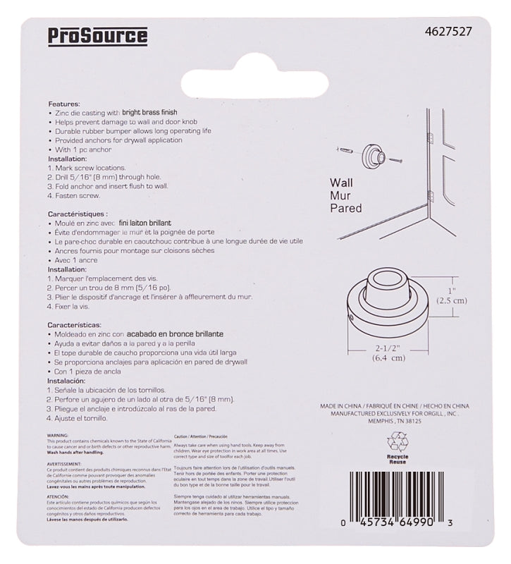 ProSource LR-005-PS Door Stop, 2-1/2 in Dia Base, 2-1/2 in Dia Base x 1 in H Projection, Steel & Rubber