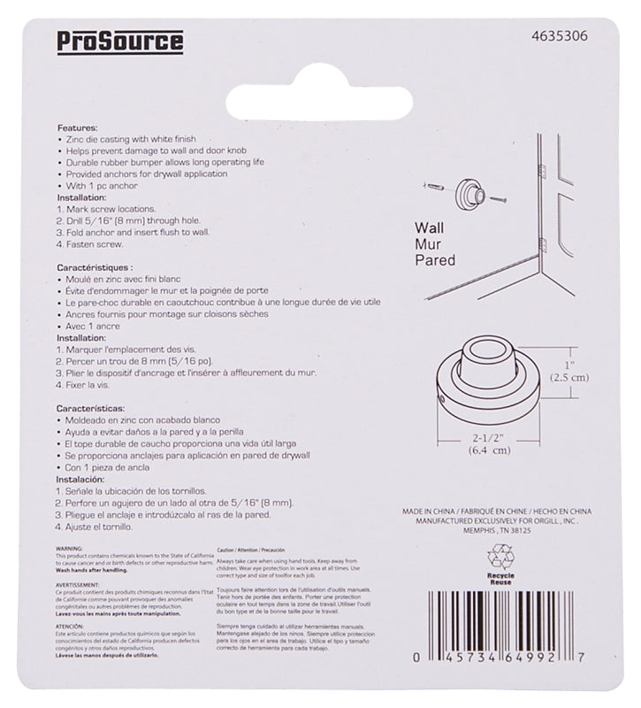 ProSource LR-005-WH-PS Door Stop, 2-1/2 in Dia Base, 2-1/2 in Dia Base x 1 in H Projection, Steel & Rubber