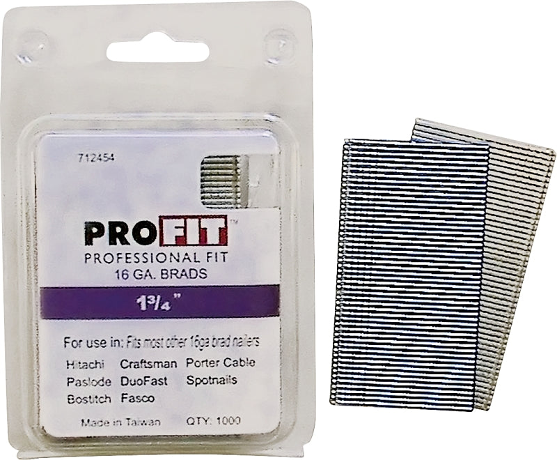 ProFIT 0712454 Series Finish Nail, Glue Collation, 1-3/4 in L, 16 Gauge, Steel, Electro-Galvanized, Brad Head