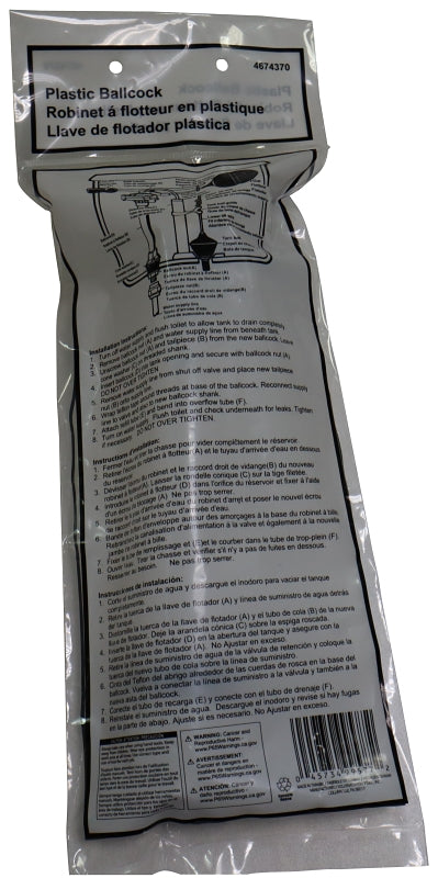 ProSource 24419-3L Toilet Ballcock, Plastic, White, Anti-Siphon: Yes, For: 8-1/2 Toilet Tanks in