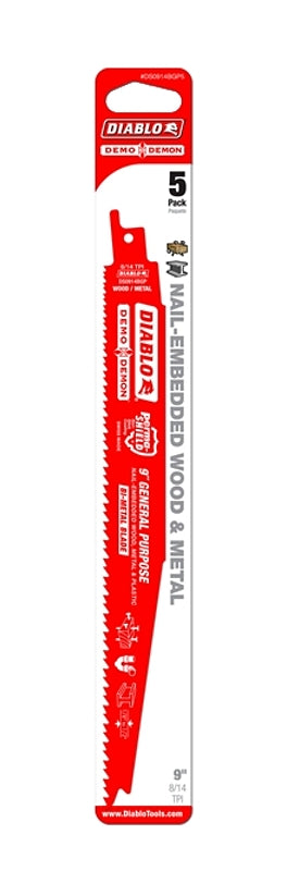 Diablo DS0914BGP5C Reciprocating Saw Blade, 1 in W, 9 in L, 8/14 TPI, Bi-Metal Cutting Edge