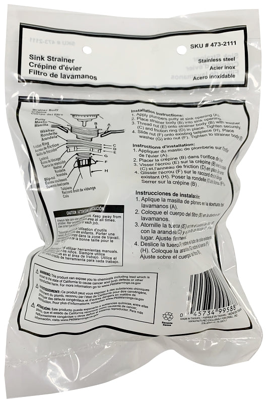 ProSource 8039CP-3L Basket Strainer Assembly, 4.4 in Dia, For: 3-1/2 to 4 in Dia Opening Sink