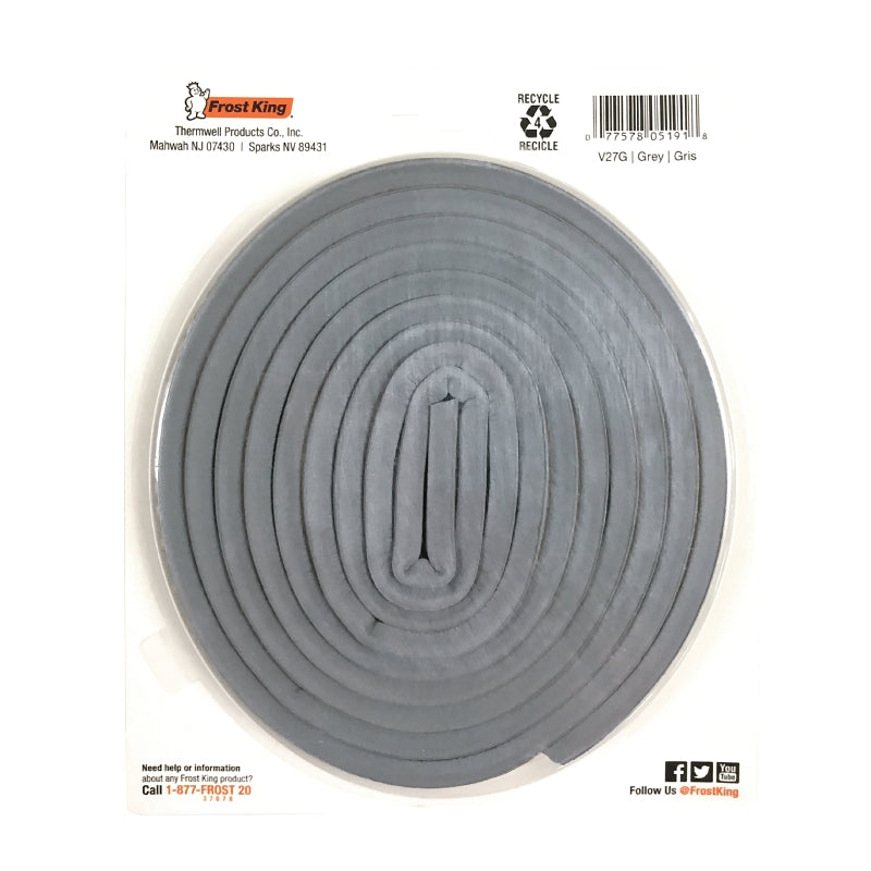 Frost King V27GA Weatherseal, 9/16 in W, 10 ft L, EPDM Rubber, Gray