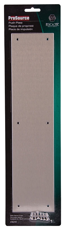 ProSource 32238TNB-PS Push Plate, Aluminum, Satin Nickel, 15 in L, 3-1/2 in W, 0.8 mm Thick