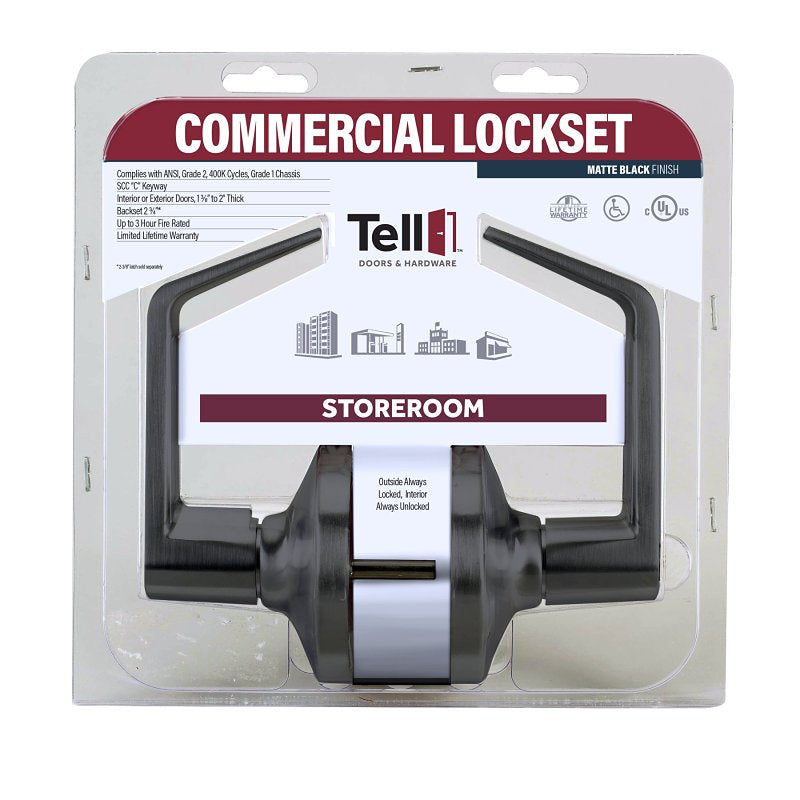 Tell Manufacturing LC2400 Series CL102905 Storeroom Lever, Lever Handle, Matte Black, Commercial, 2 Grade, C Keyway