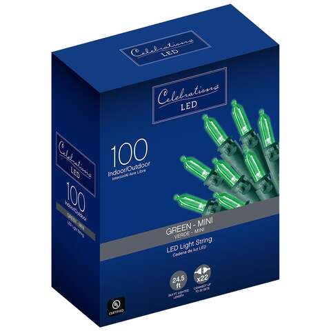 Celebrations Blue LED Mini Green 100 ct String Christmas Lights 24.5 ft., Pack of 12