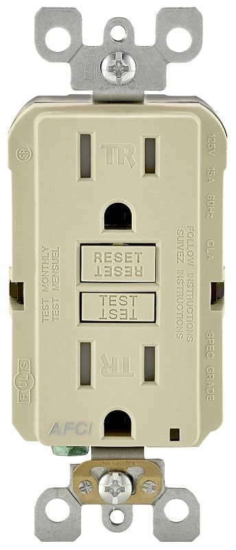 Leviton AFTR1-KI AFCI Duplex Receptacle, 2 -Pole, 15 A, 125 VAC, Back, Grounding, Side Wiring, NEMA: NEMA 5-15R
