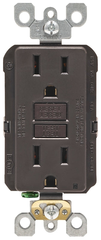 Leviton R00-GFNT1-00K GFCI Receptacle, 2 -Pole, 15 A, 125 V, Back, Side Wiring, NEMA: 5-15R, Brown
