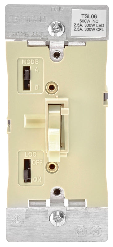 Leviton R01-TSL06-1KI Dimmer, 120 V, 600 W, CFL, Halogen, Incandescent, LED Lamp, 3-Way, Ivory